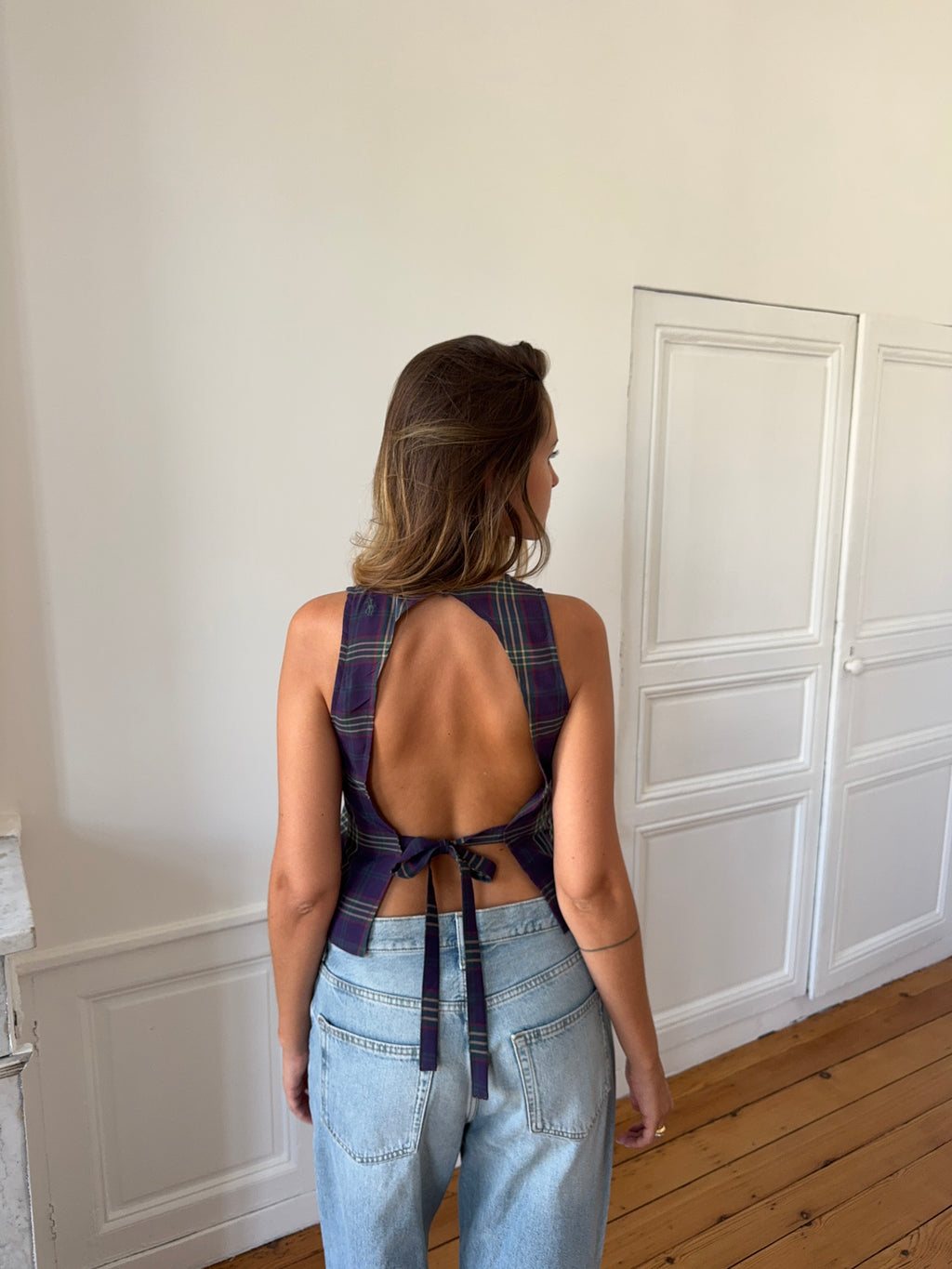 Top dos nu upcyclé à carreaux - S