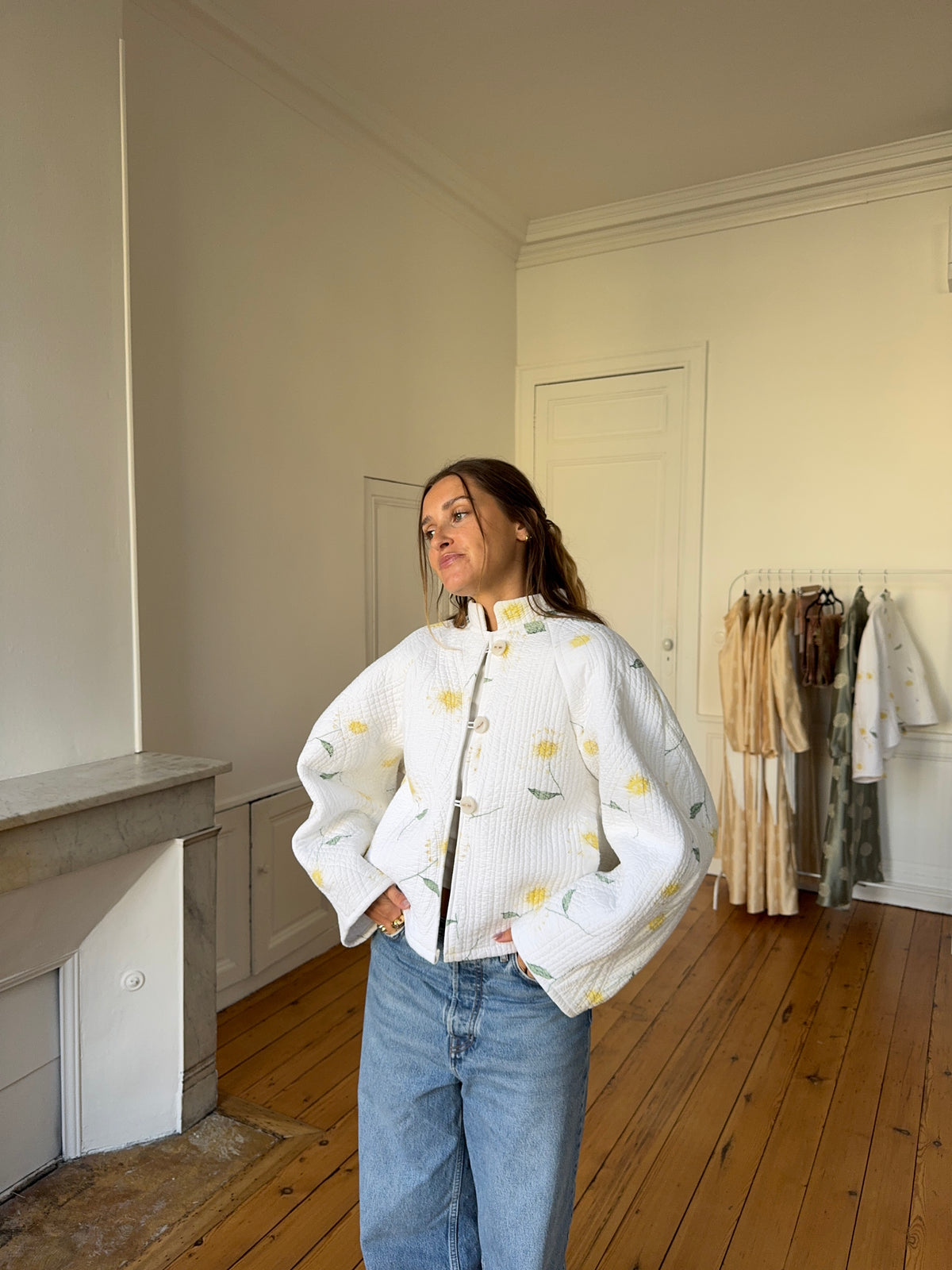 Ecru floral quilted upcycled jacket - Size 1