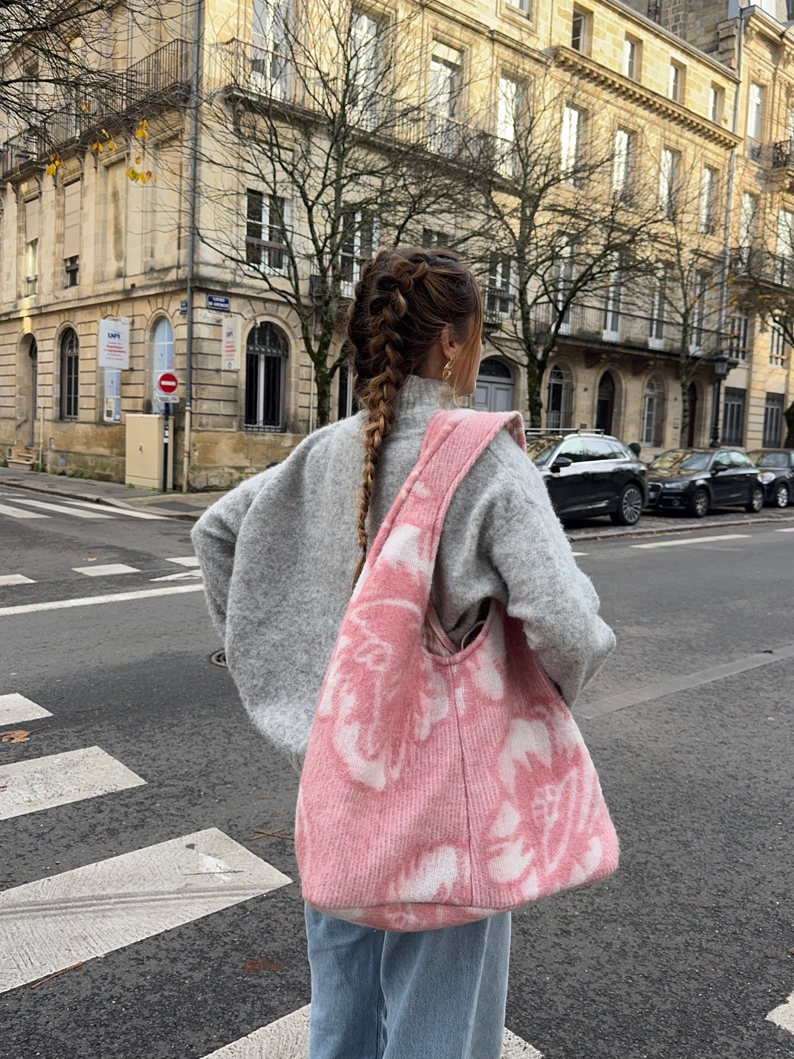 Sac upcyclé laine rose à motifs vintage - grand