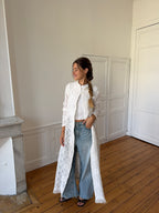 Veste longue upcyclée blanche et franges - S