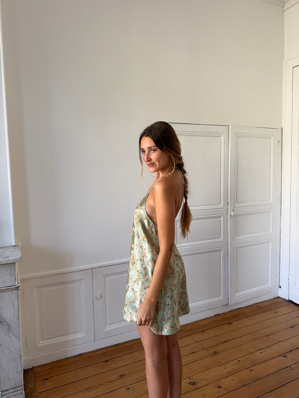 Robe dos nu upcyclée satinée verte - XS/S