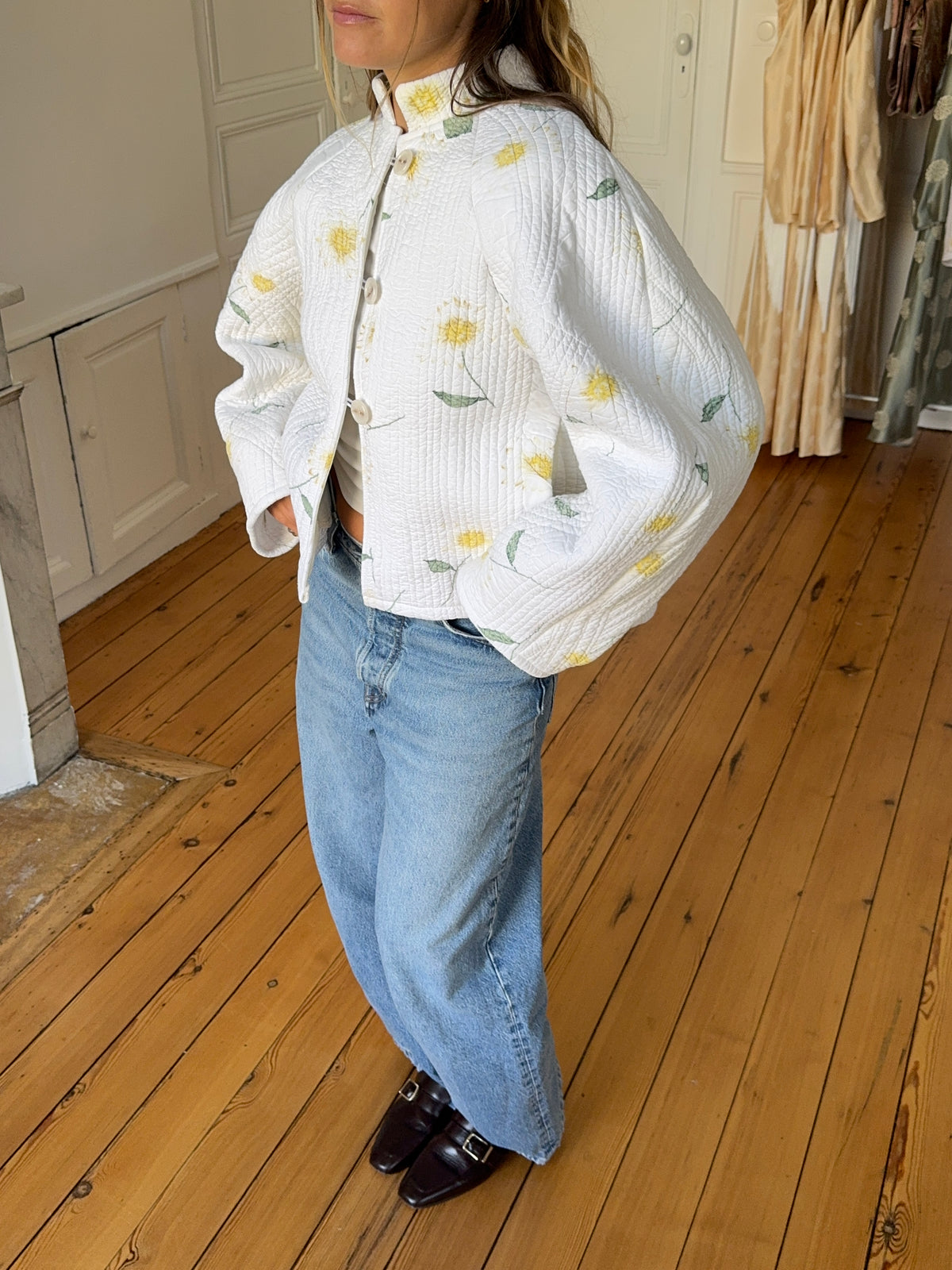 Ecru floral quilted upcycled jacket - Size 1