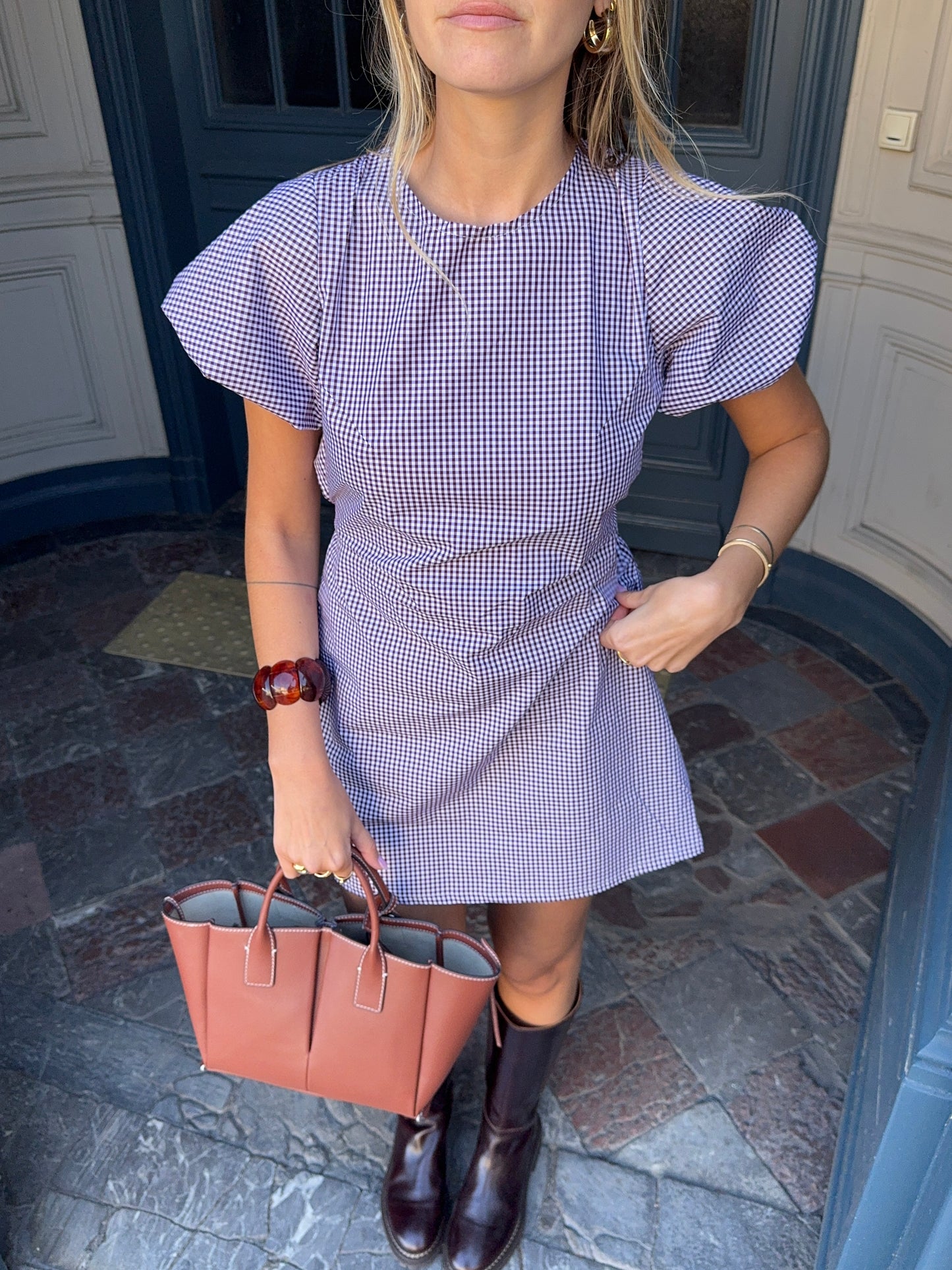 Robe manches ballon vichy bordeaux