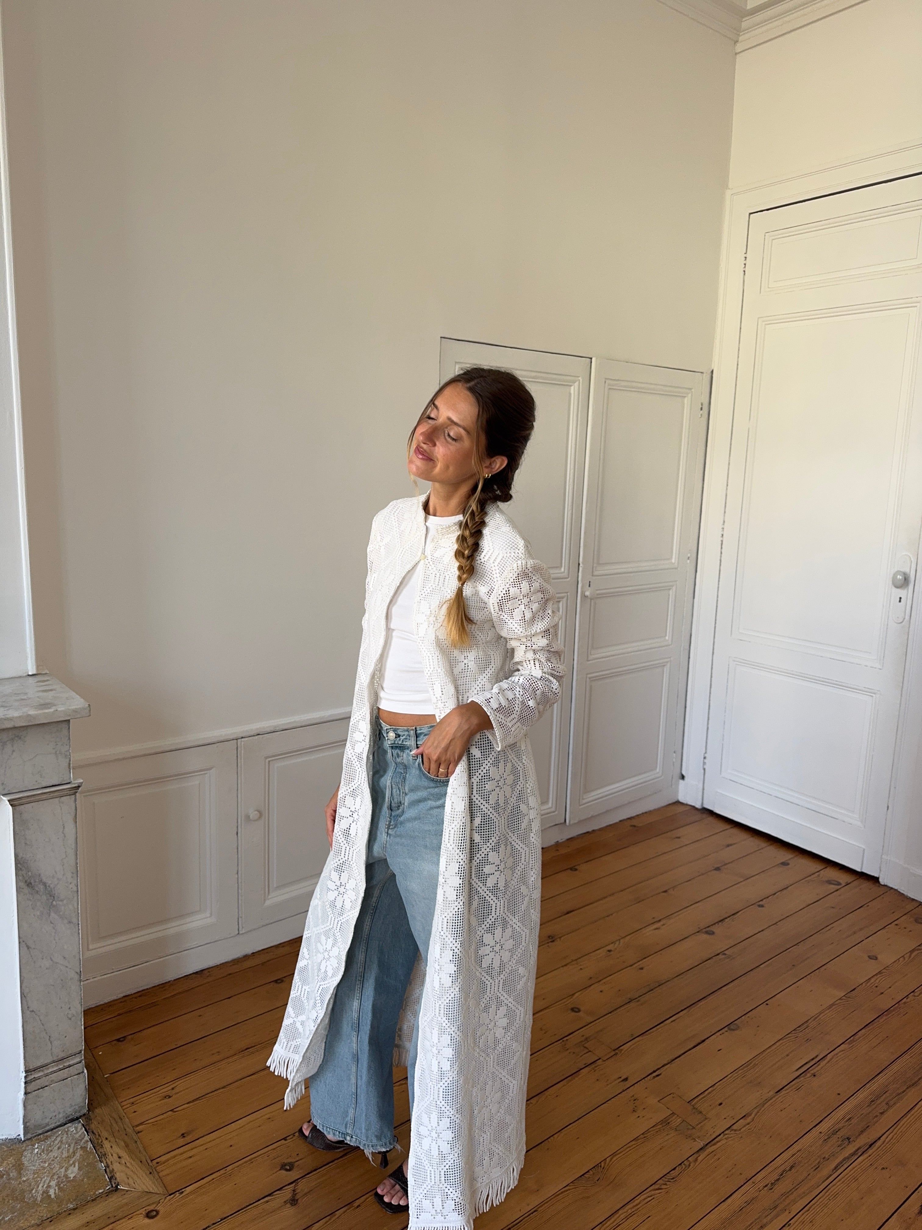 Veste longue upcyclée blanche et franges - S