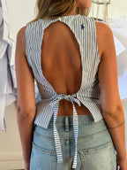Top dos nu upcyclé à rayures bleues - L
