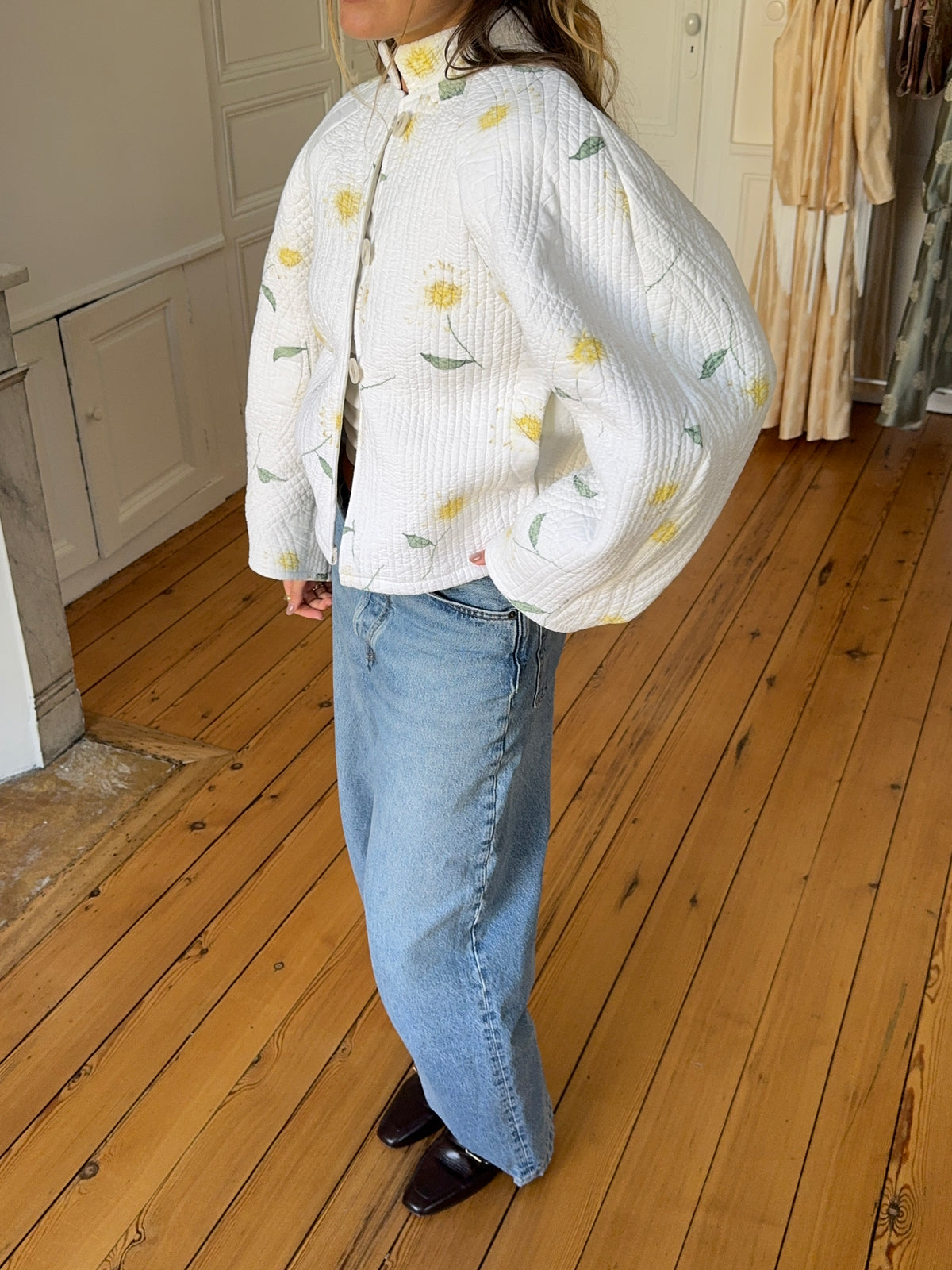 Ecru floral quilted upcycled jacket - Size 1