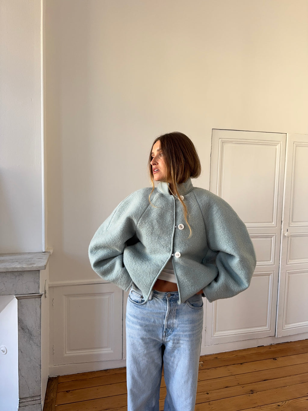Veste upcyclée laine bleue - T1