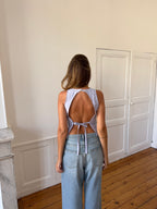 Top dos nu upcyclé bleu à rayures roses - S