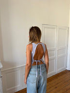 Top dos nu upcyclé bleu à rayures roses - S