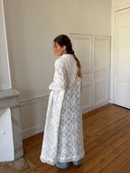 Veste longue upcyclée blanche et franges - S