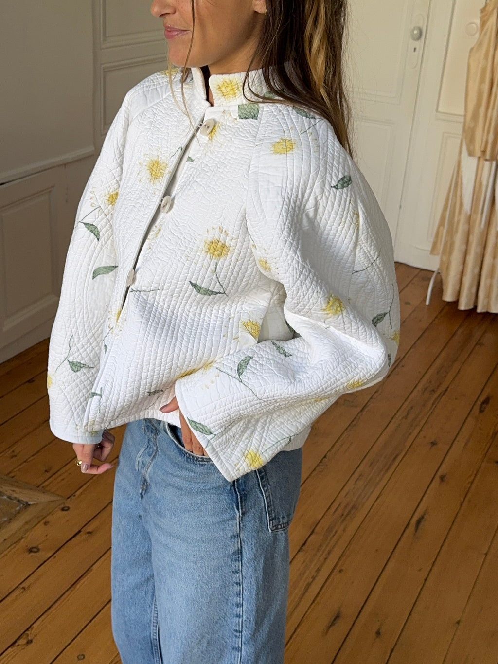 Ecru floral quilted upcycled jacket - Size 1