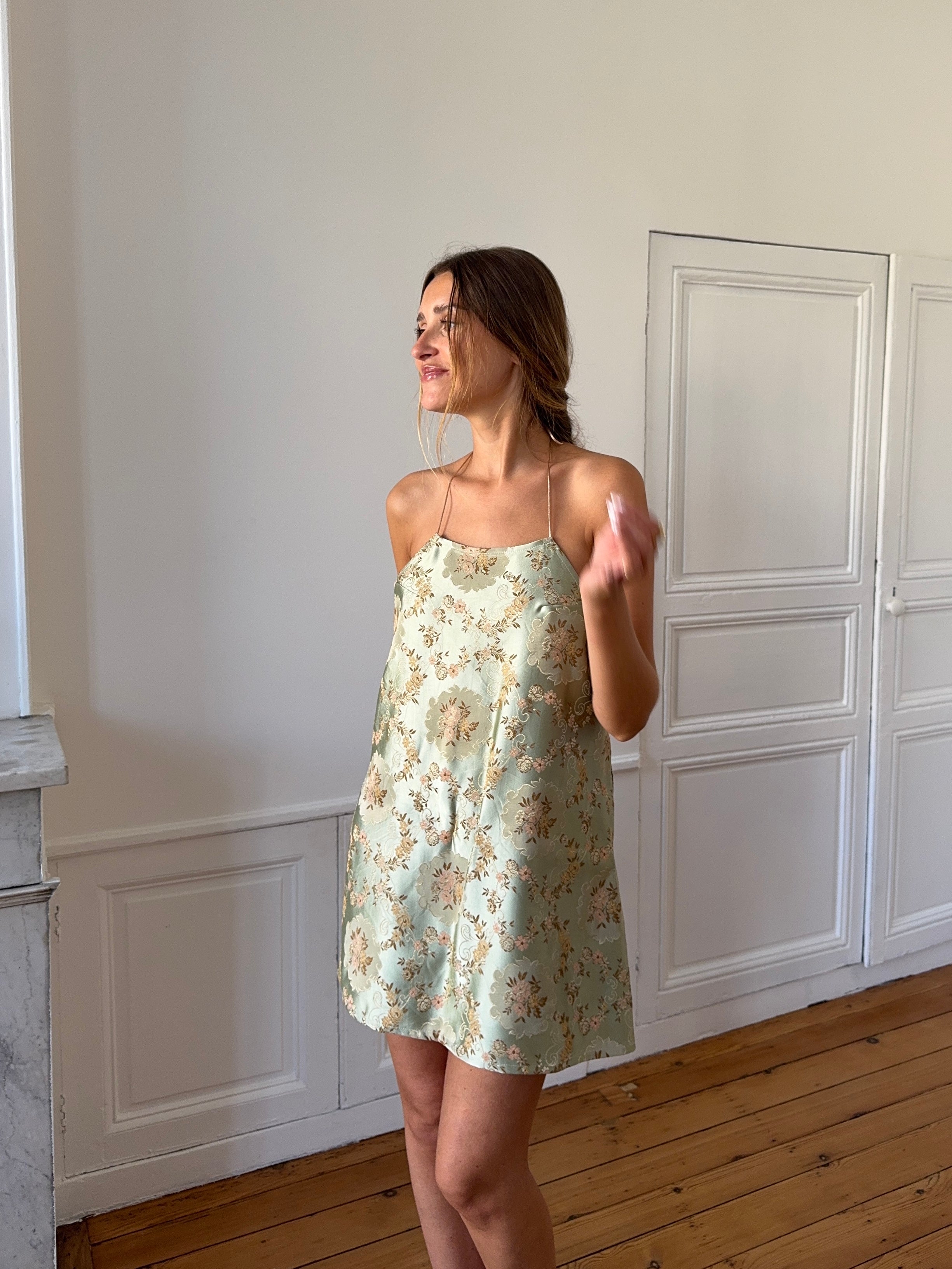Robe dos nu upcyclée satinée verte - XS/S
