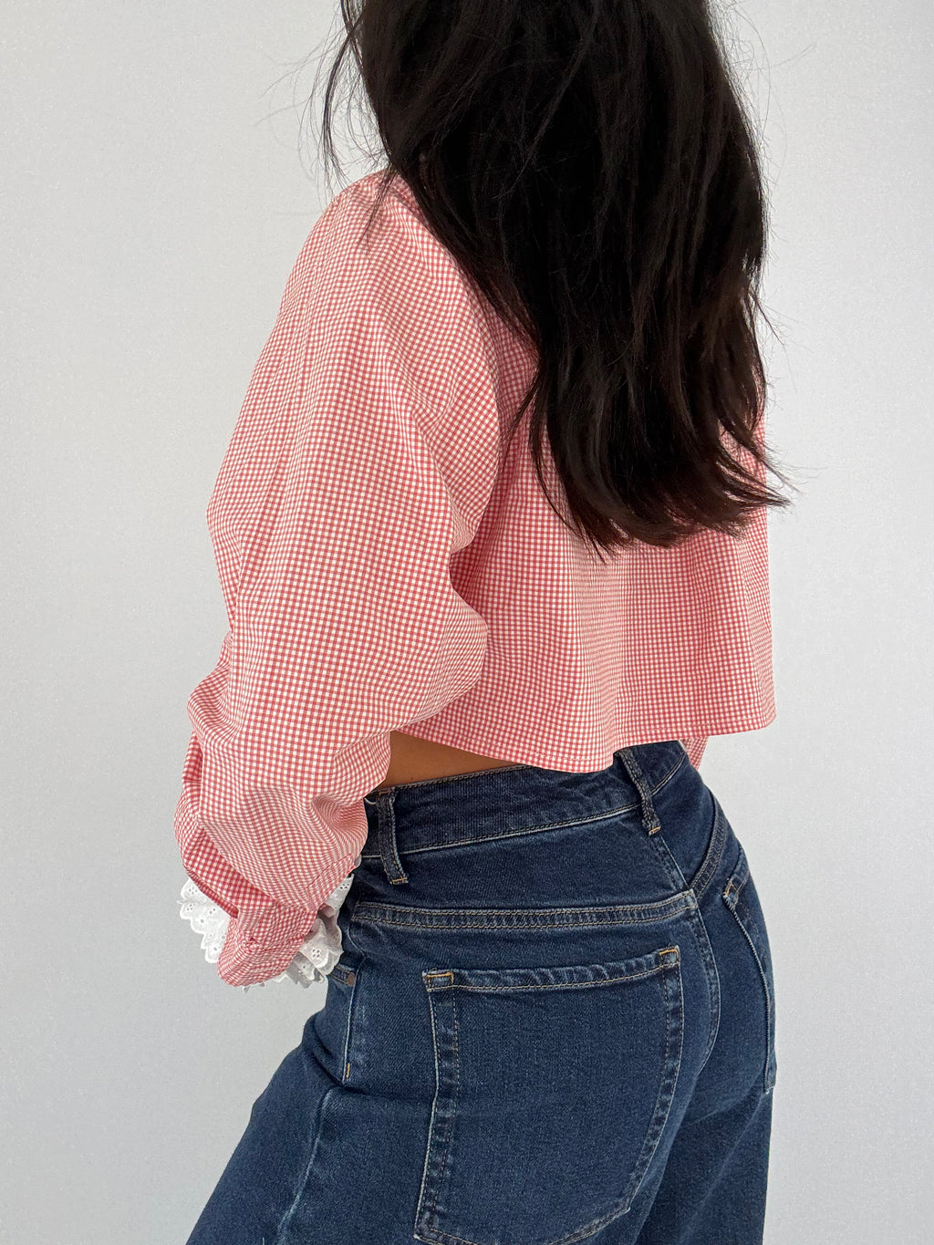 Chemise upcyclée vichy rosé + chouchou