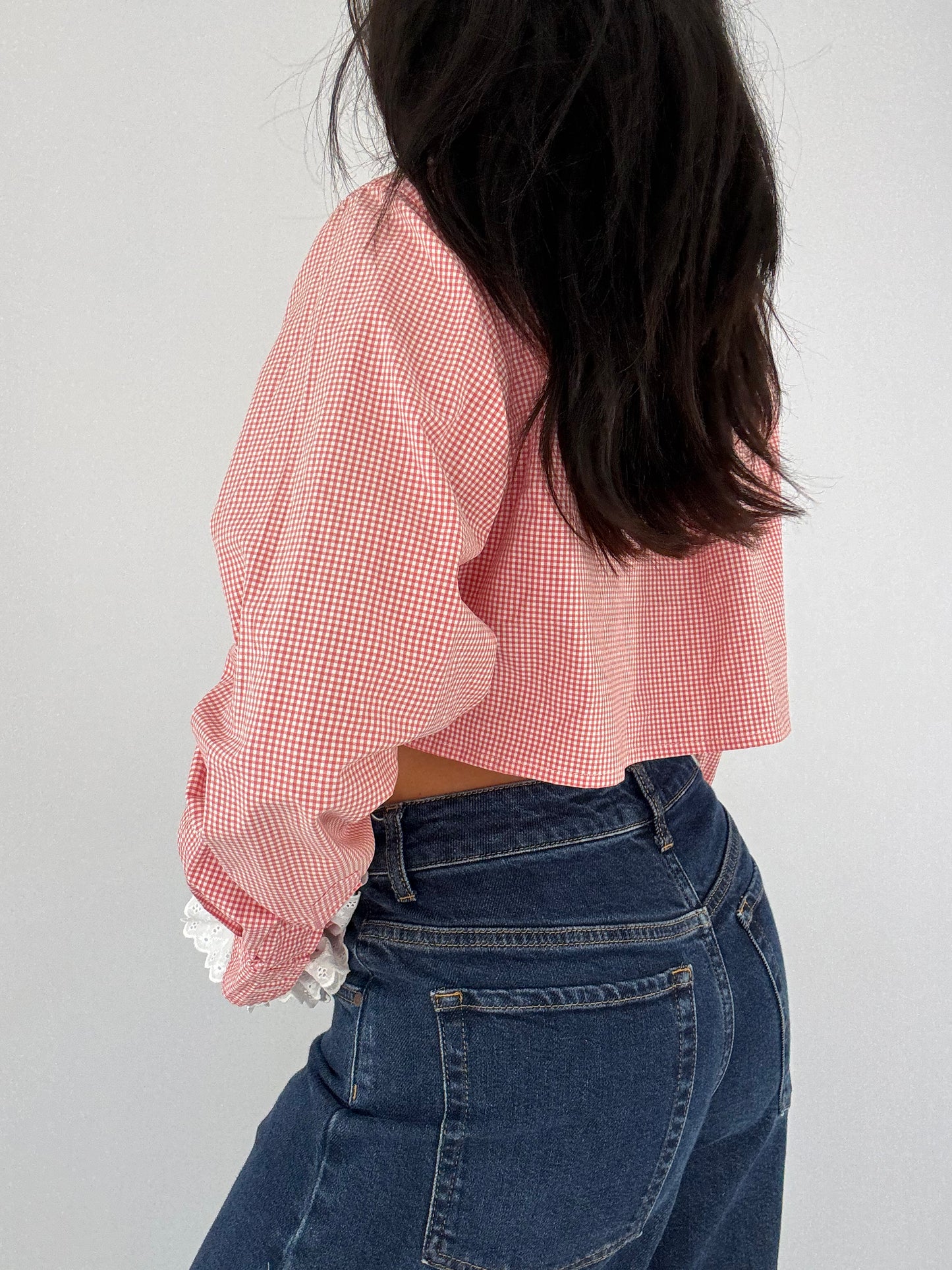 Chemise upcyclée vichy rosé + chouchou