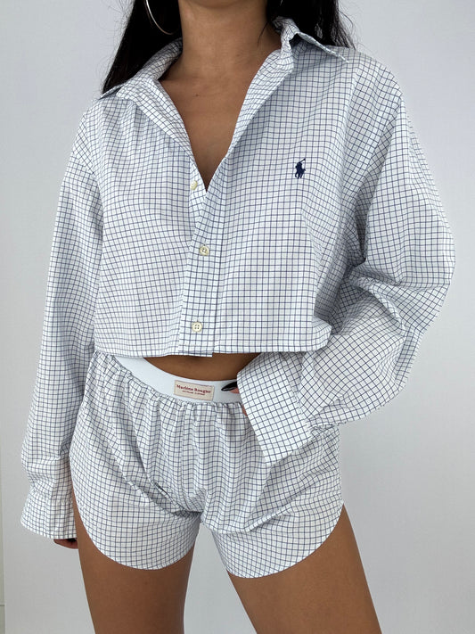 Ensemble upcyclé blanc à carreaux bleus