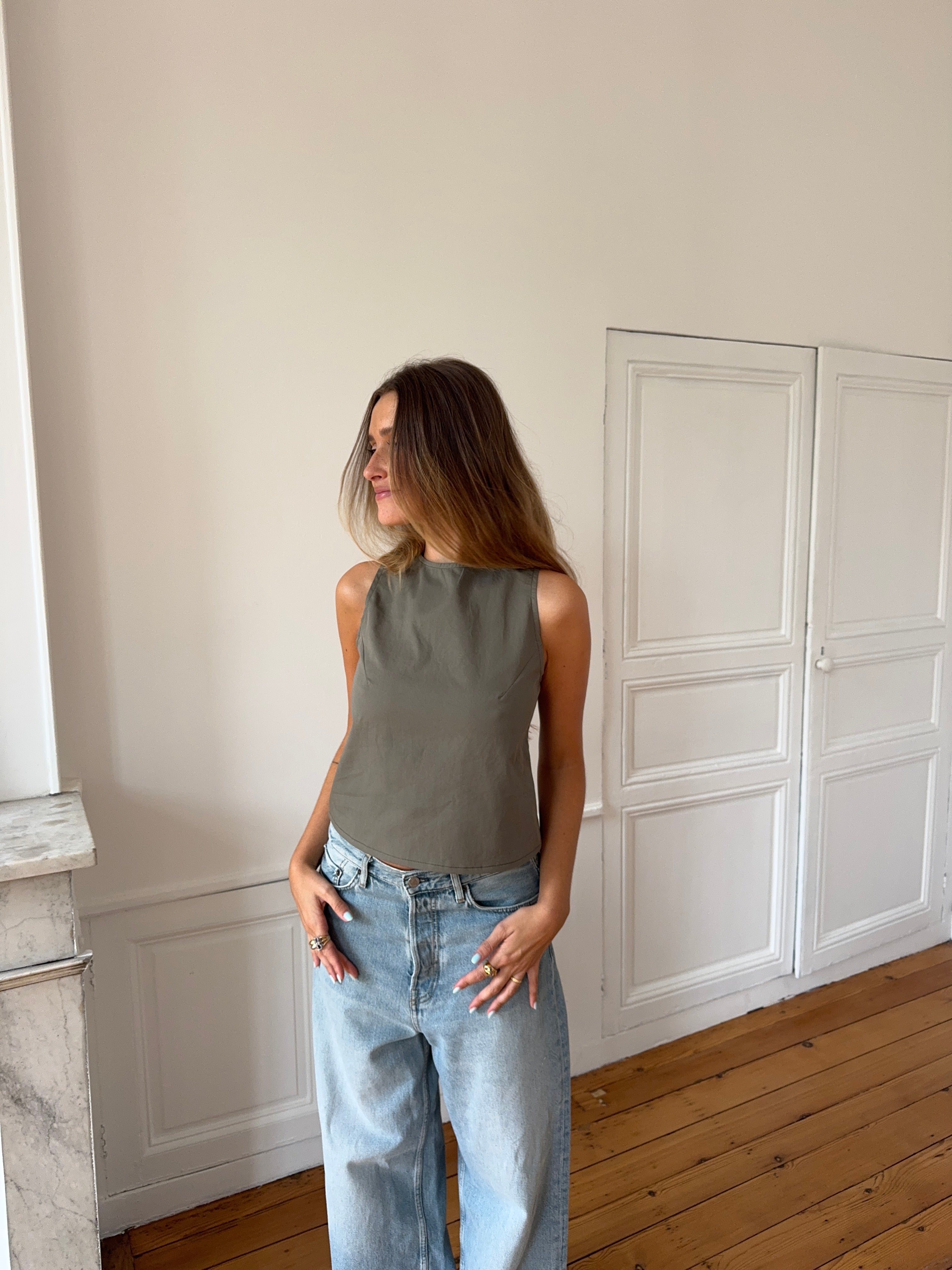 Top dos nu upcyclé kaki - S