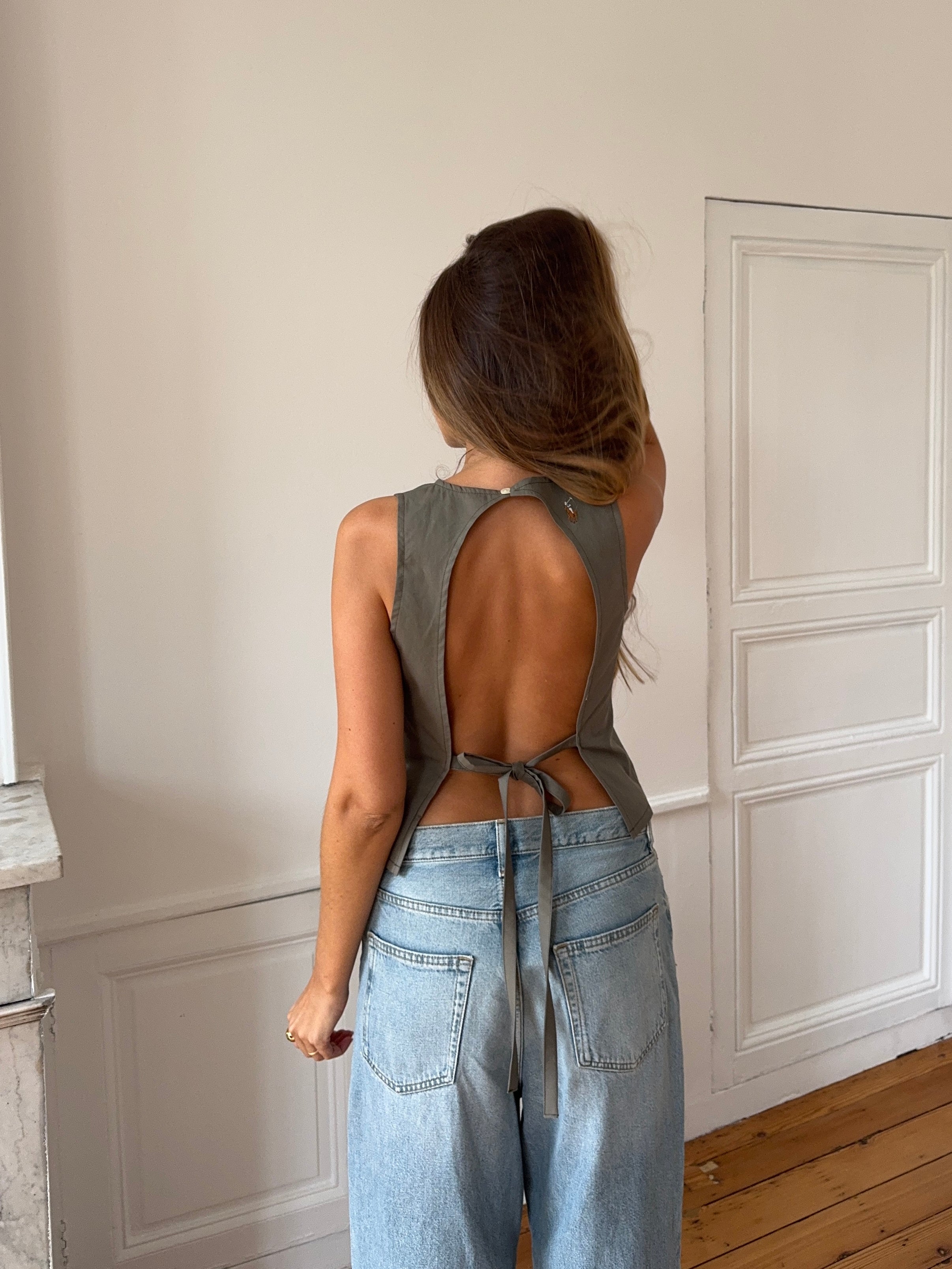 Top dos nu upcyclé kaki - S