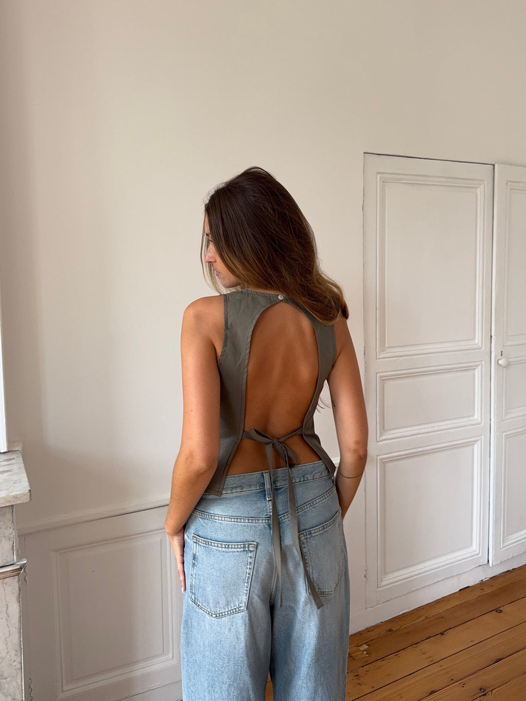 Top dos nu upcyclé kaki - S