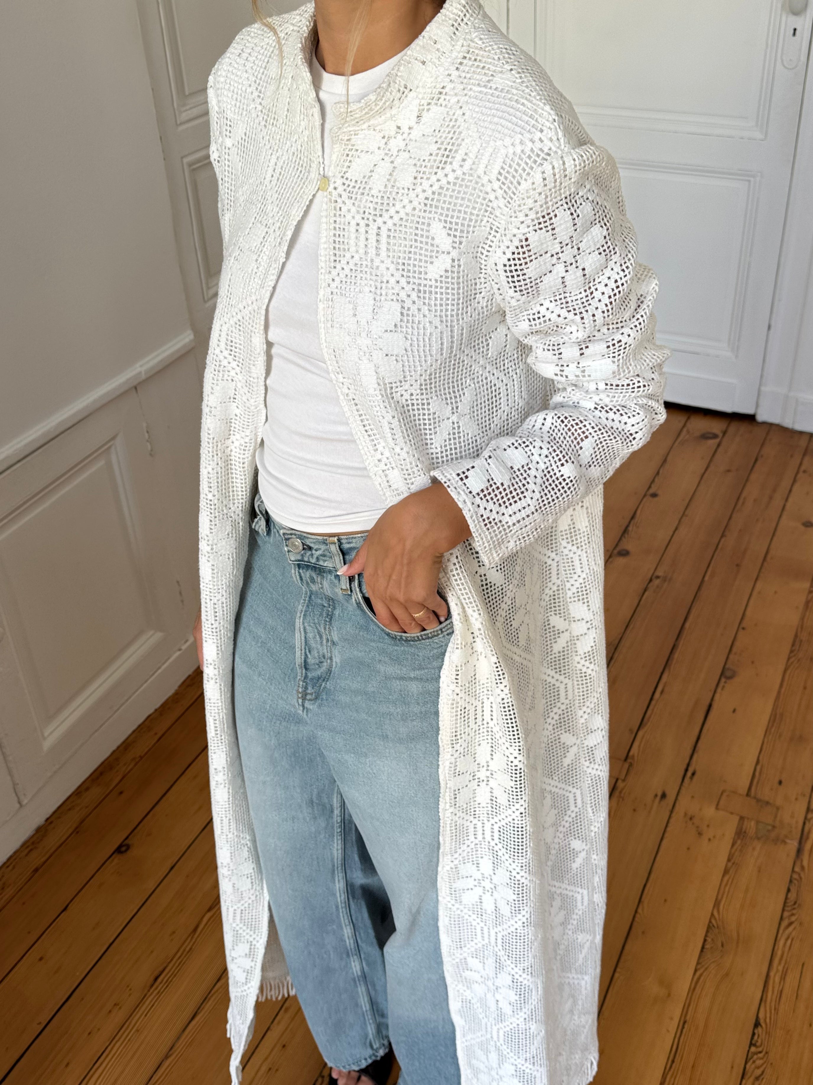 Veste longue upcyclée blanche et franges - S
