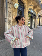 Veste upcyclée matelassée vert d'eau à rayures roses