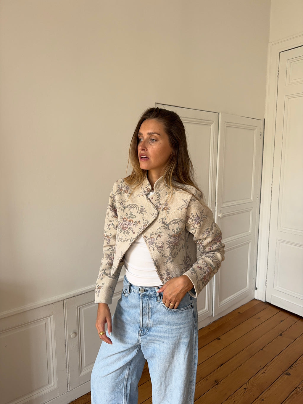 Veste courte upcyclée beige - S