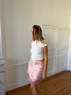 Jupe upcyclée satinée rose clair et franges