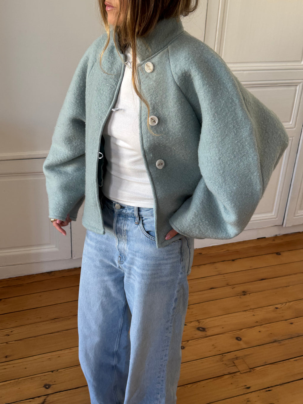 Veste upcyclée laine bleue - T1