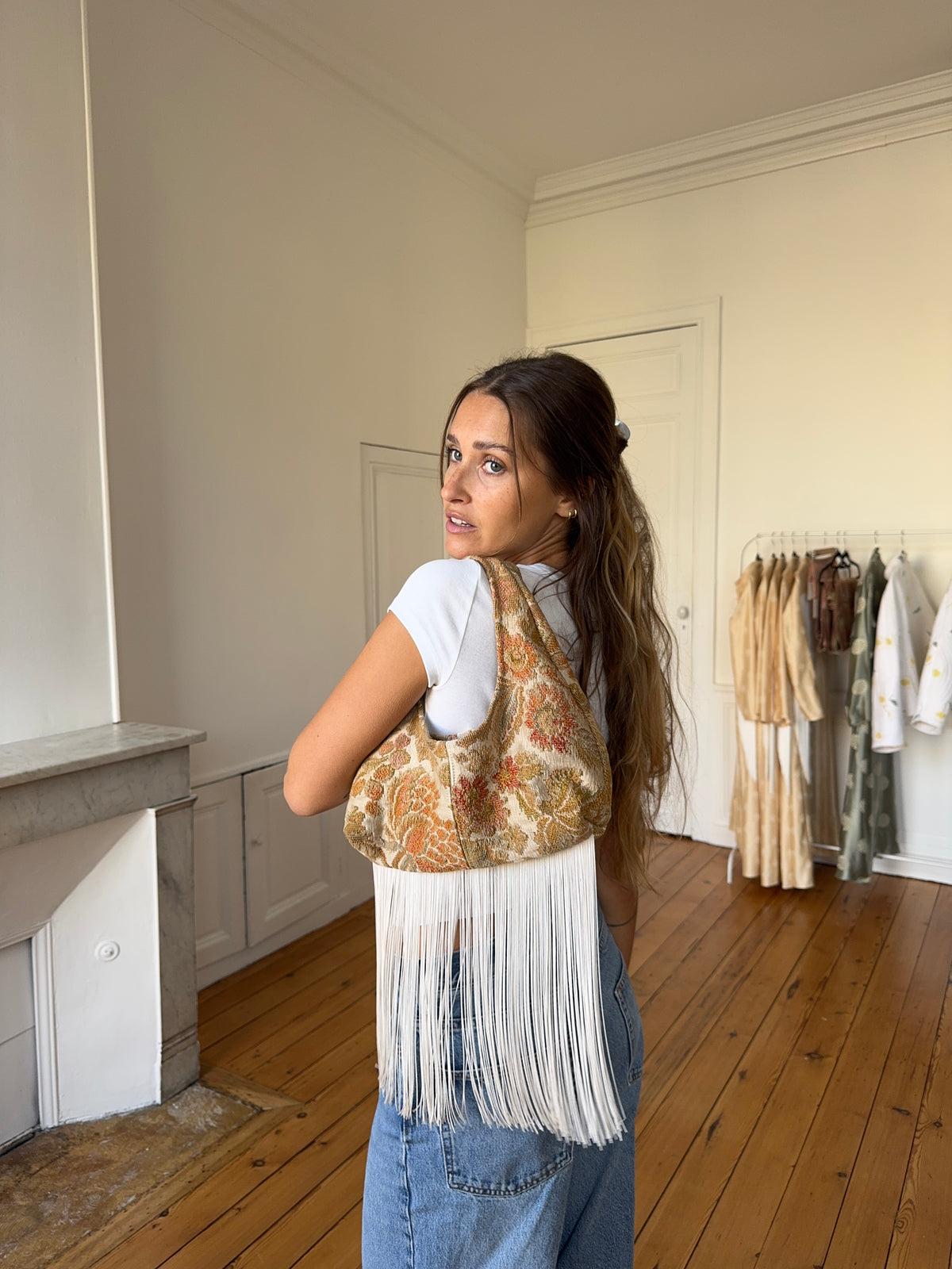 Upcycled floral bag with fringe