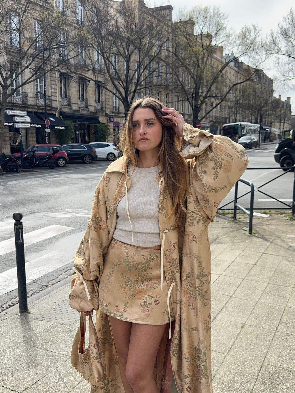 Jupe upcyclée cuivrée à motifs vintage