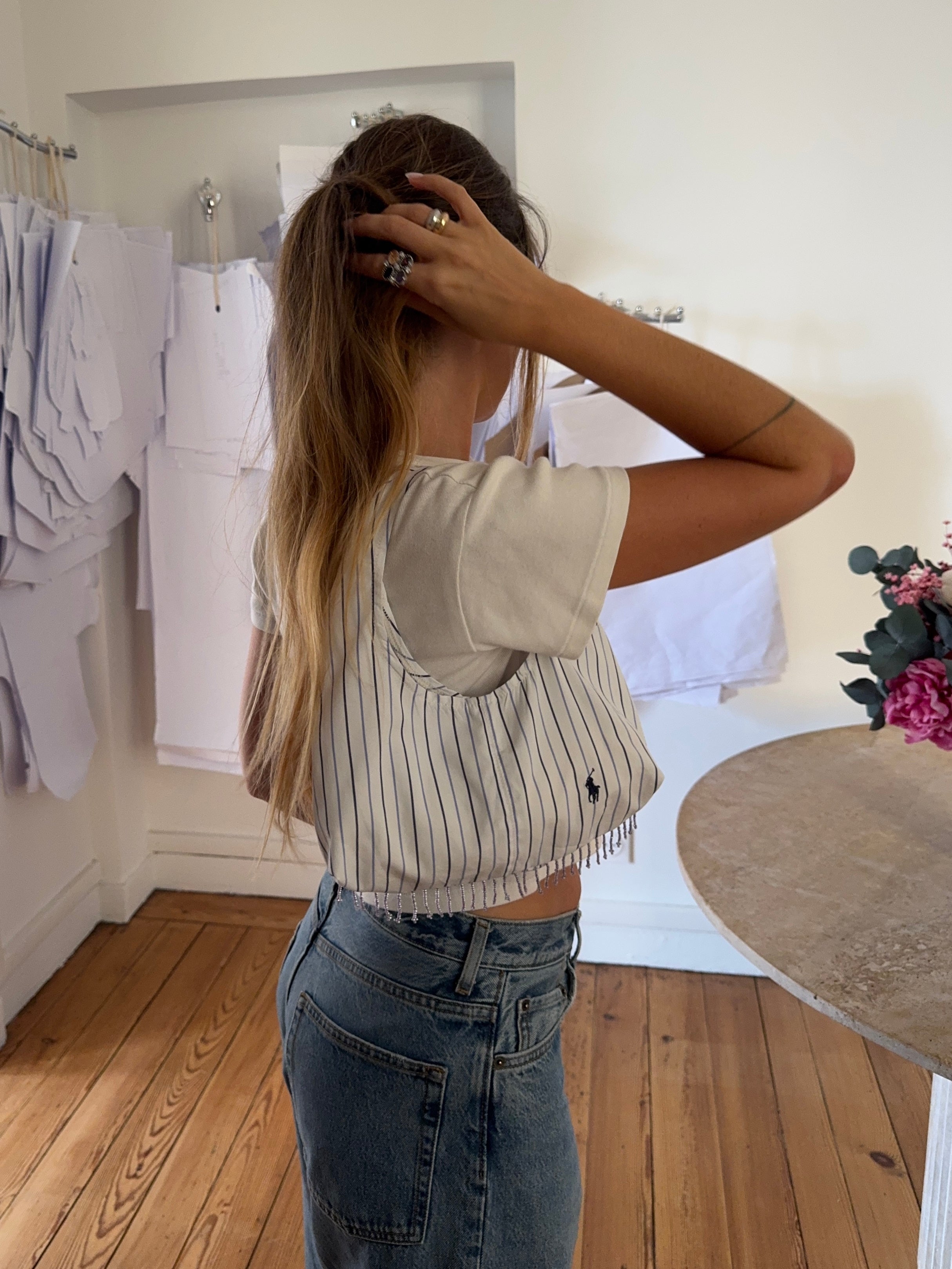 Sac upcyclé blanc à rayures et franges vintage - petit