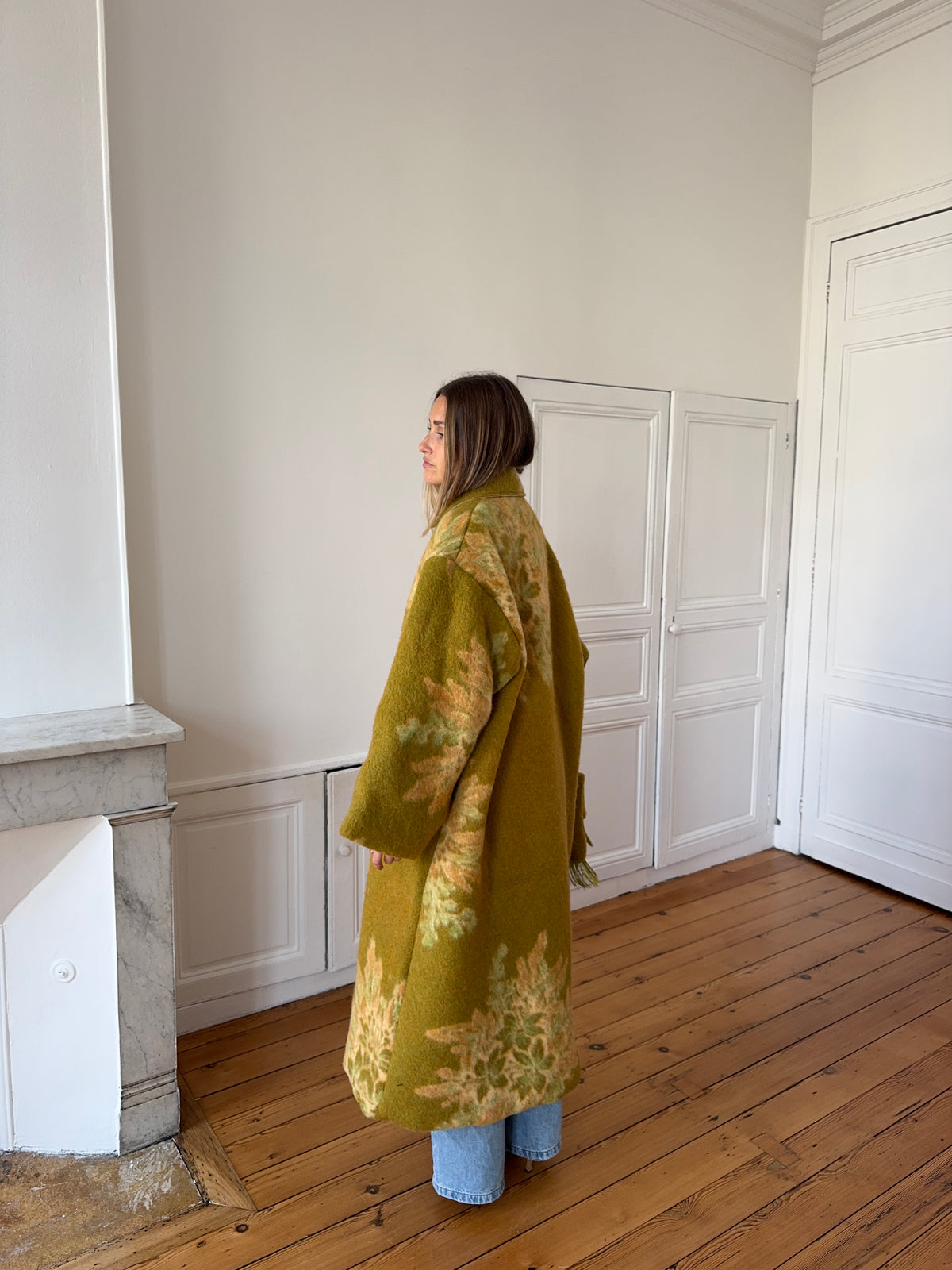 Manteau long upcyclé laine verte - T1