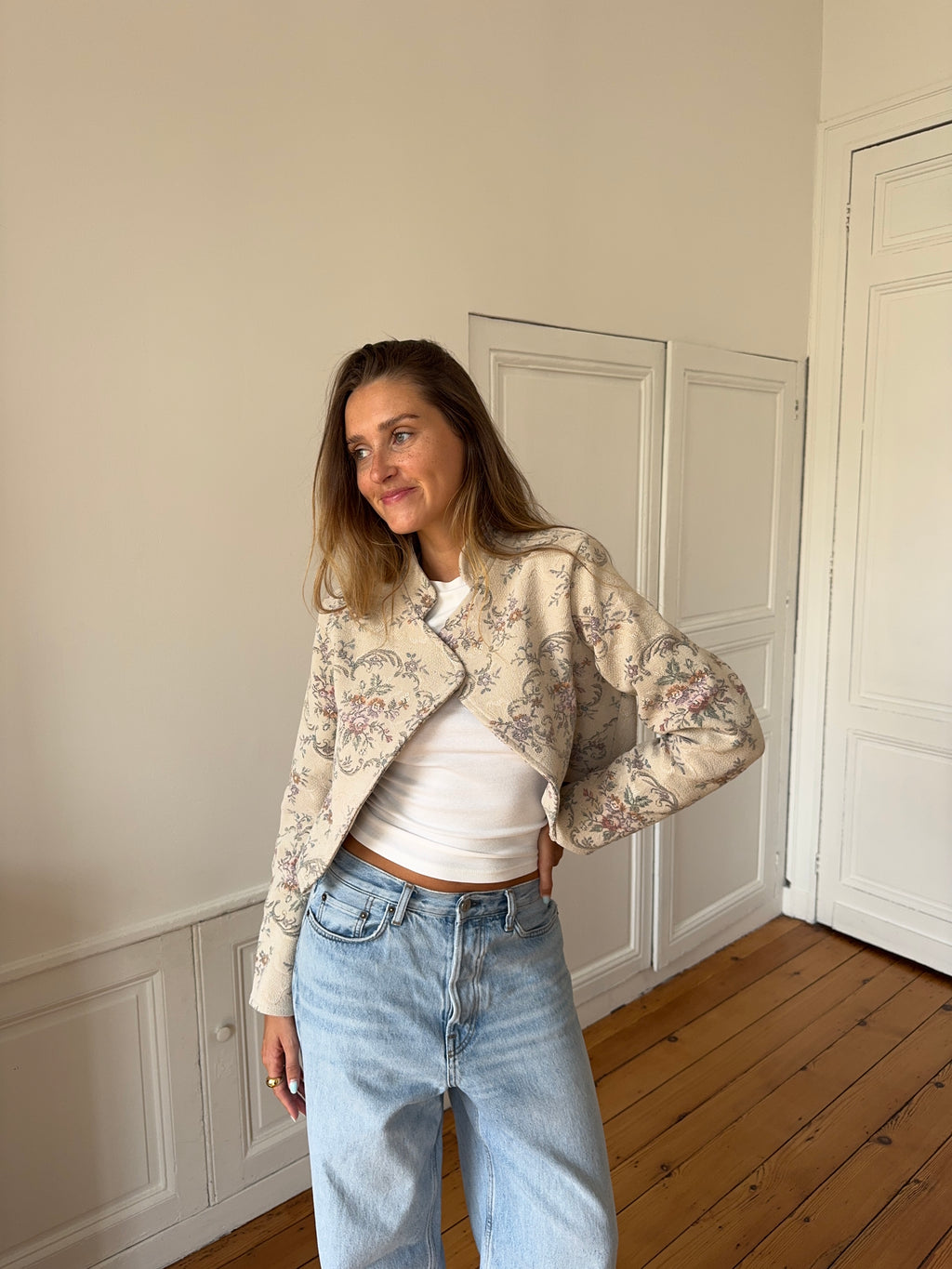 Veste courte upcyclée beige - S