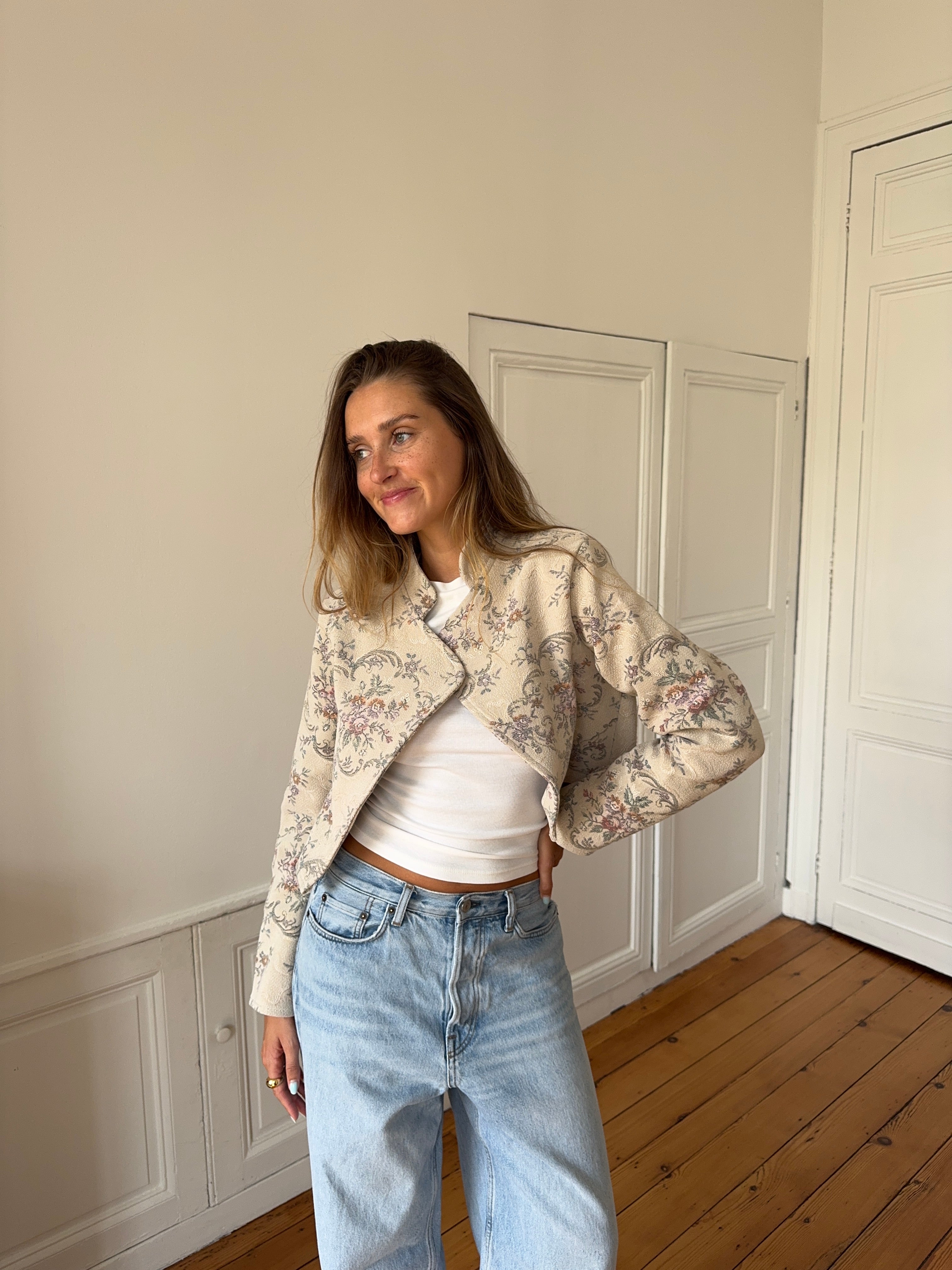 Veste courte upcyclée beige - S