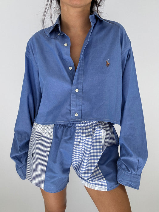 Ensemble upcyclé bleu et patchwork