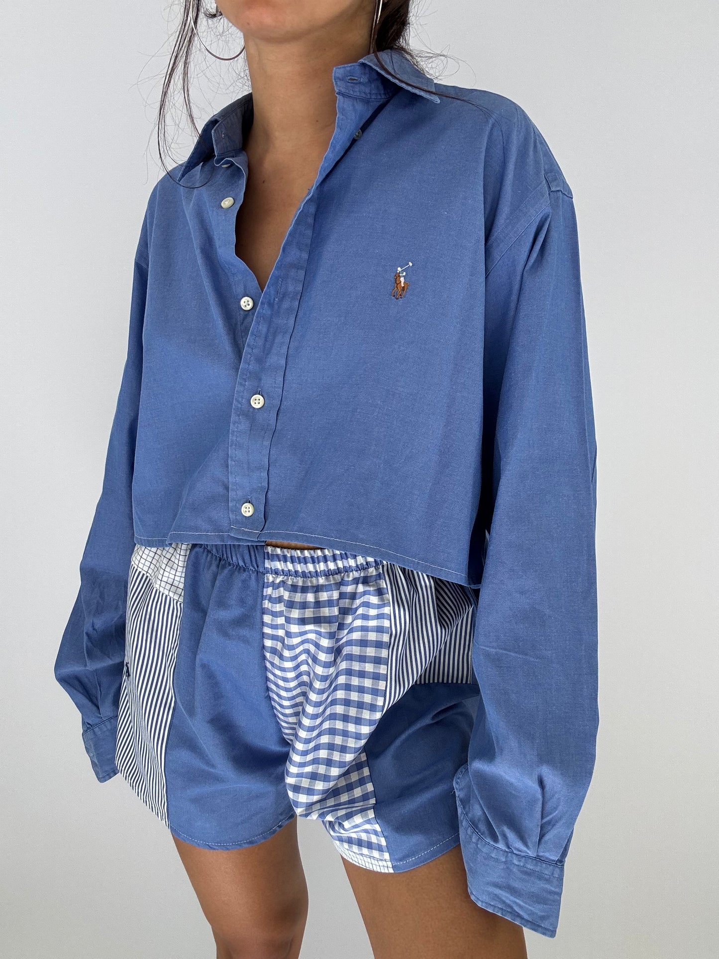 Ensemble upcyclé bleu et patchwork