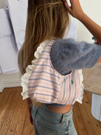 Sac upcyclé rose pâle à rayures et dentelle vintage - petit