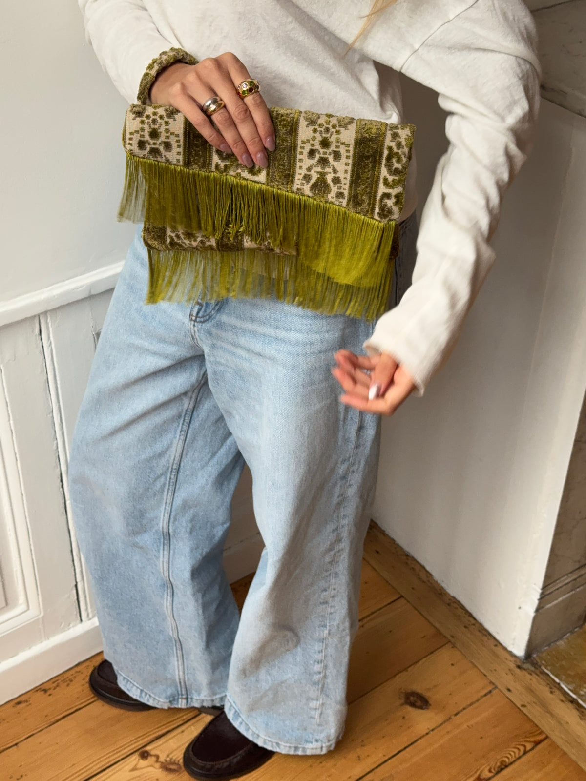 Cream satin upcycled pouch with fringe