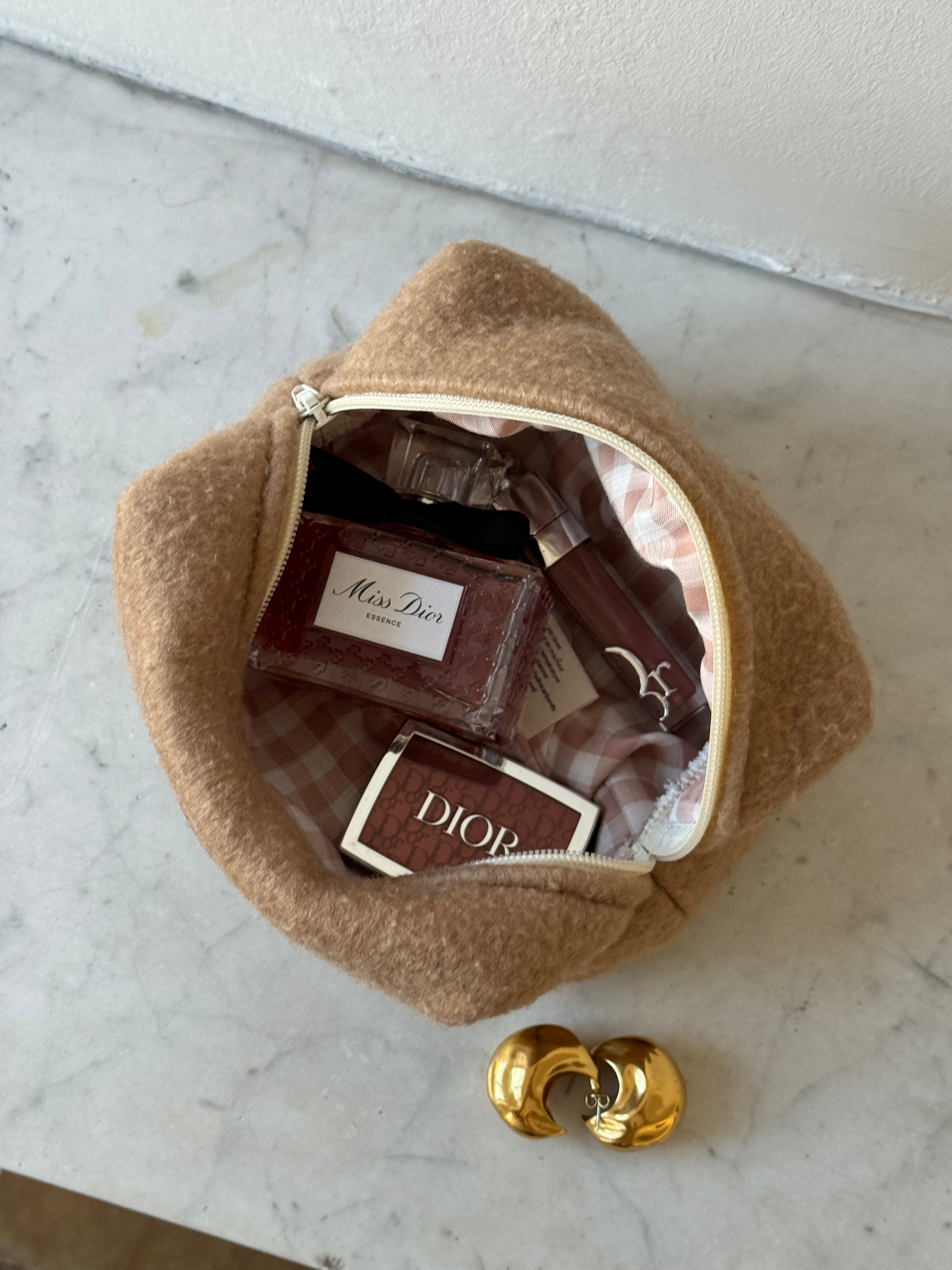 Trousse upcyclée laine marron clair vintage - petite