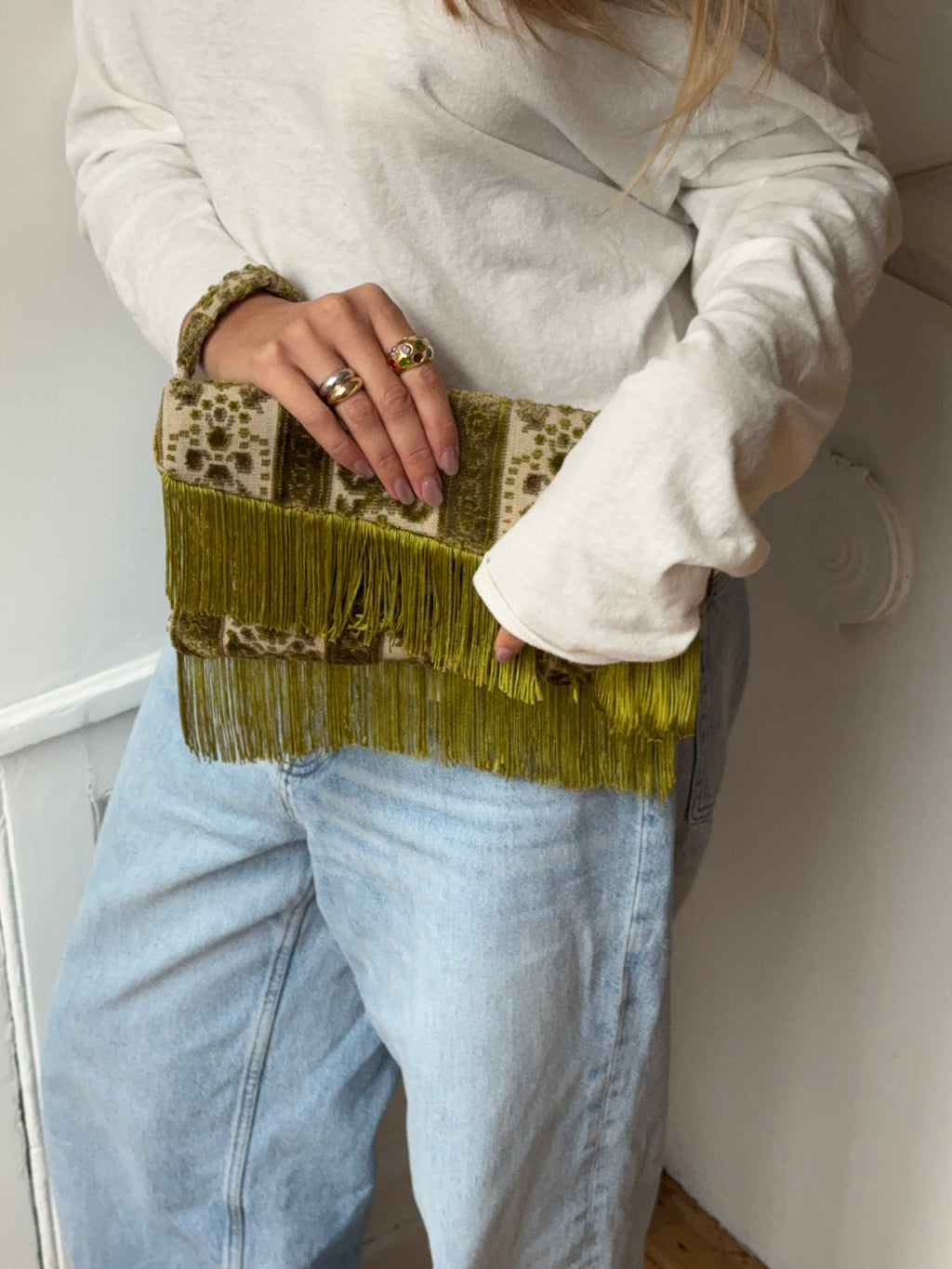 Cream satin upcycled pouch with fringe