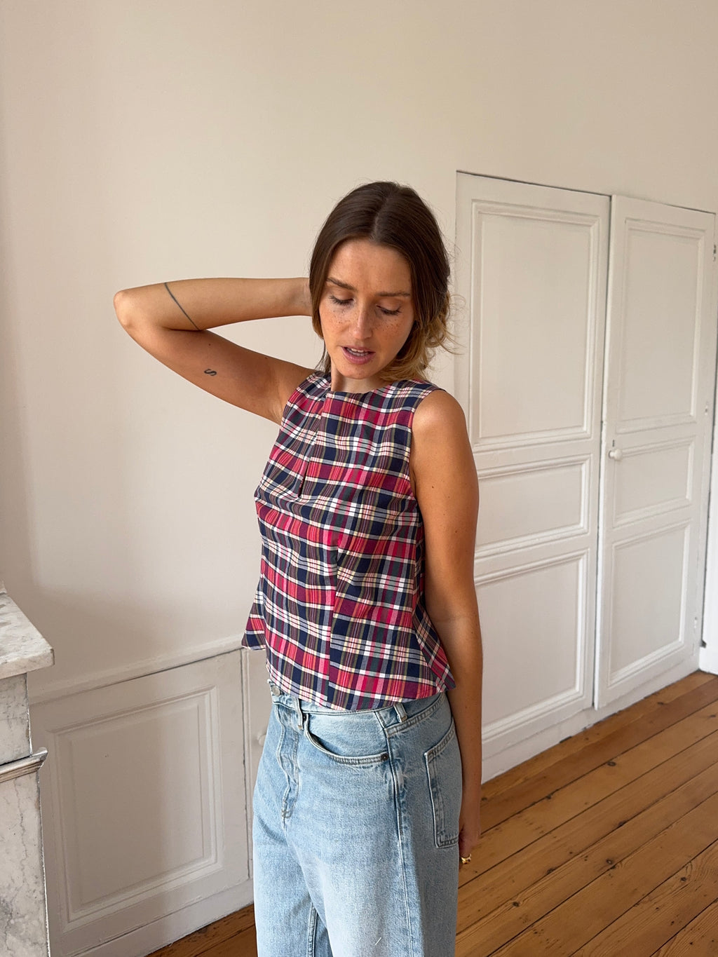 Top dos nu upcyclé à carreaux - L