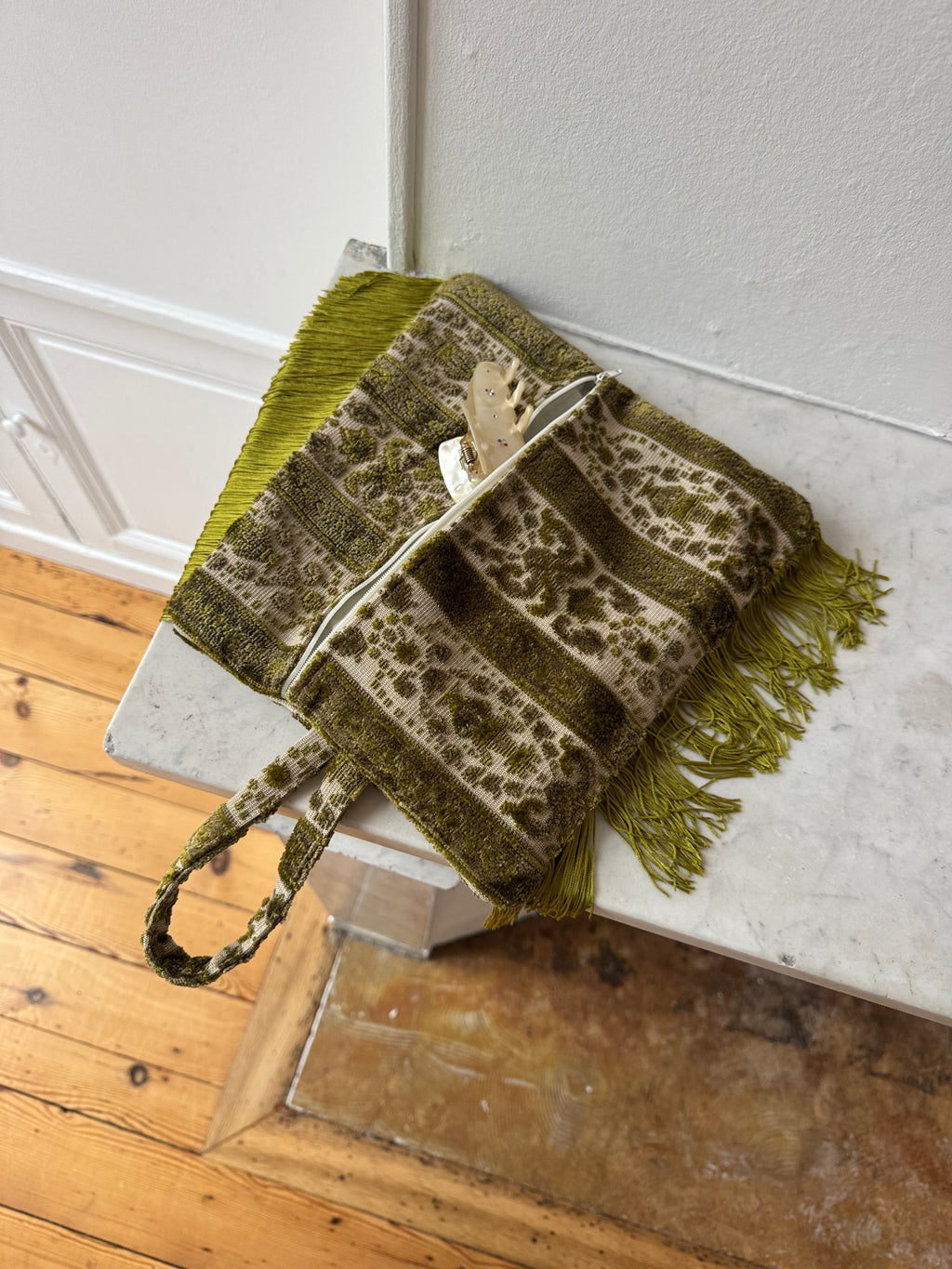 Cream satin upcycled pouch with fringe