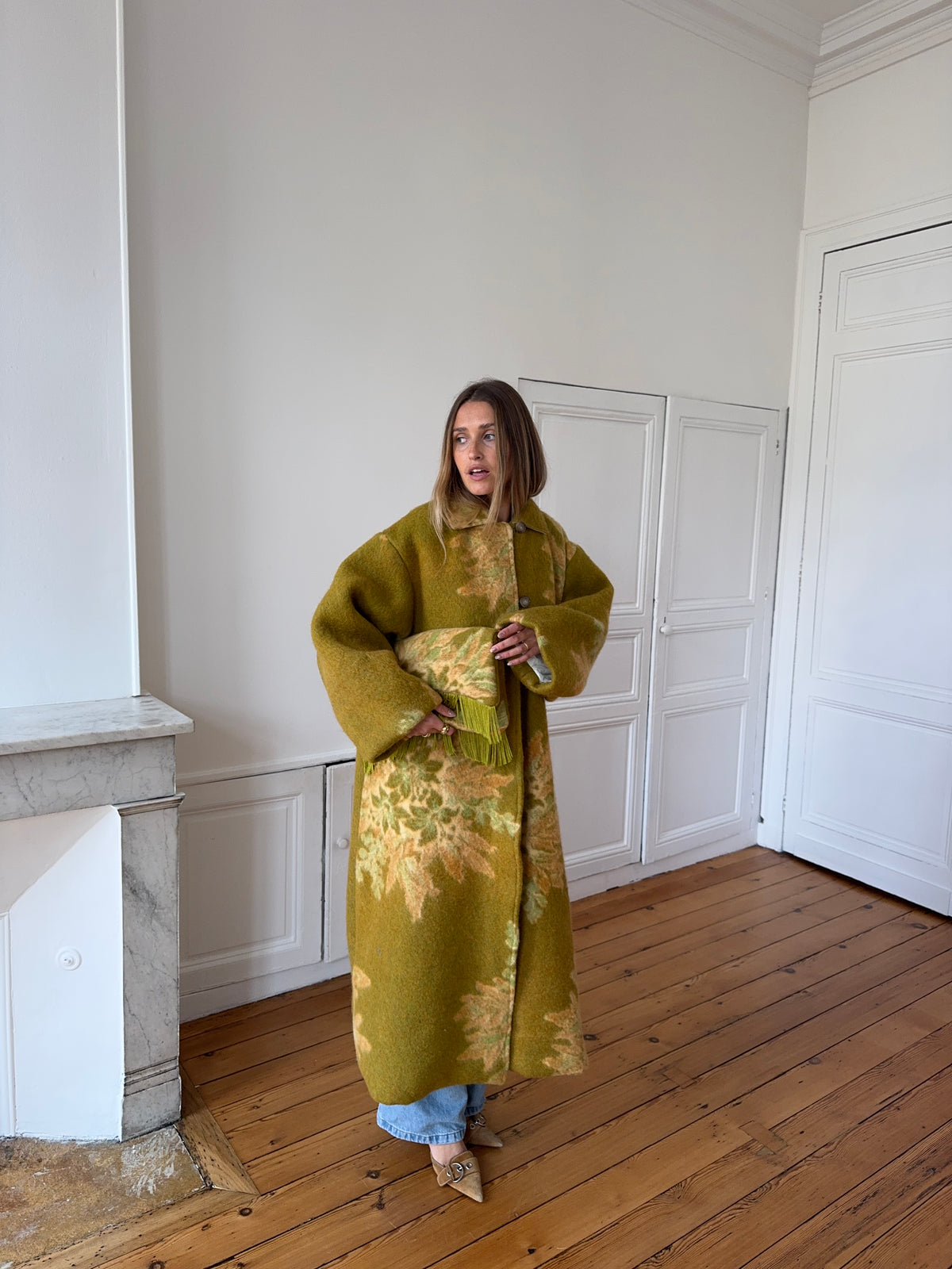 Manteau long upcyclé laine verte - T1