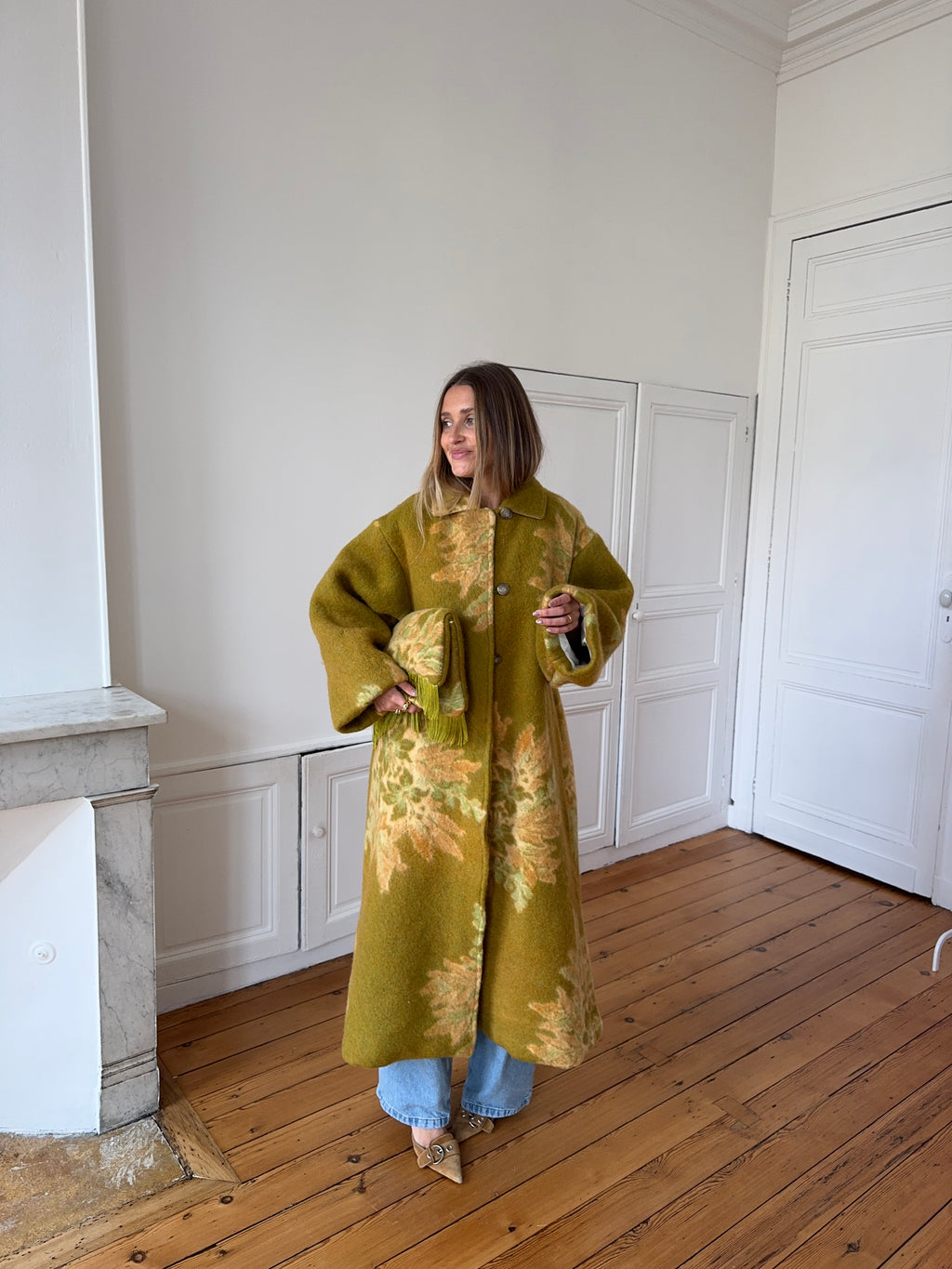 Manteau long upcyclé laine verte - T1