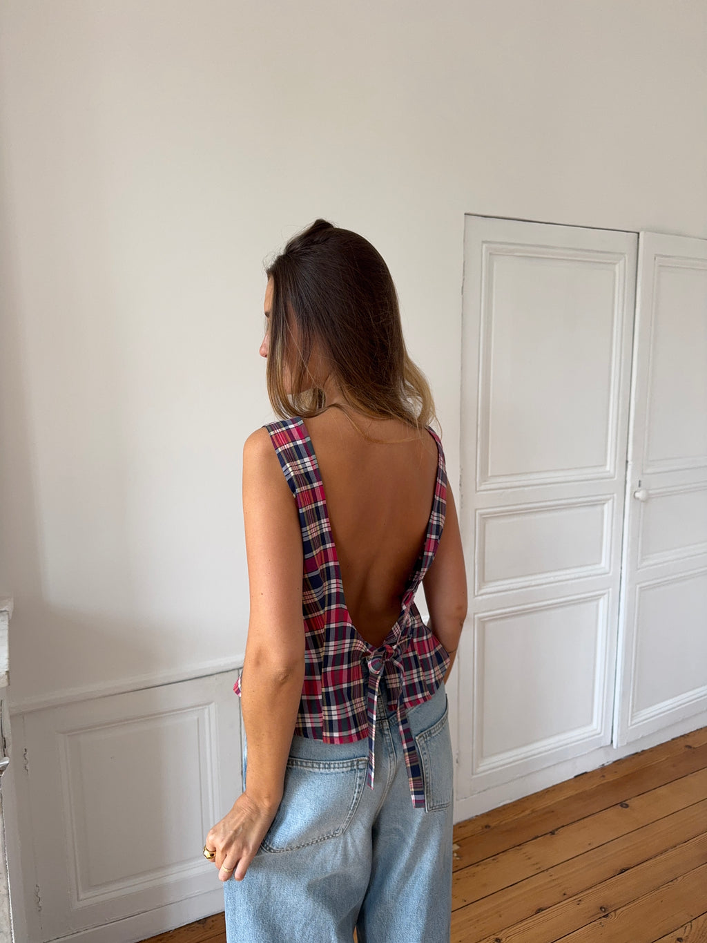 Top dos nu upcyclé à carreaux - L
