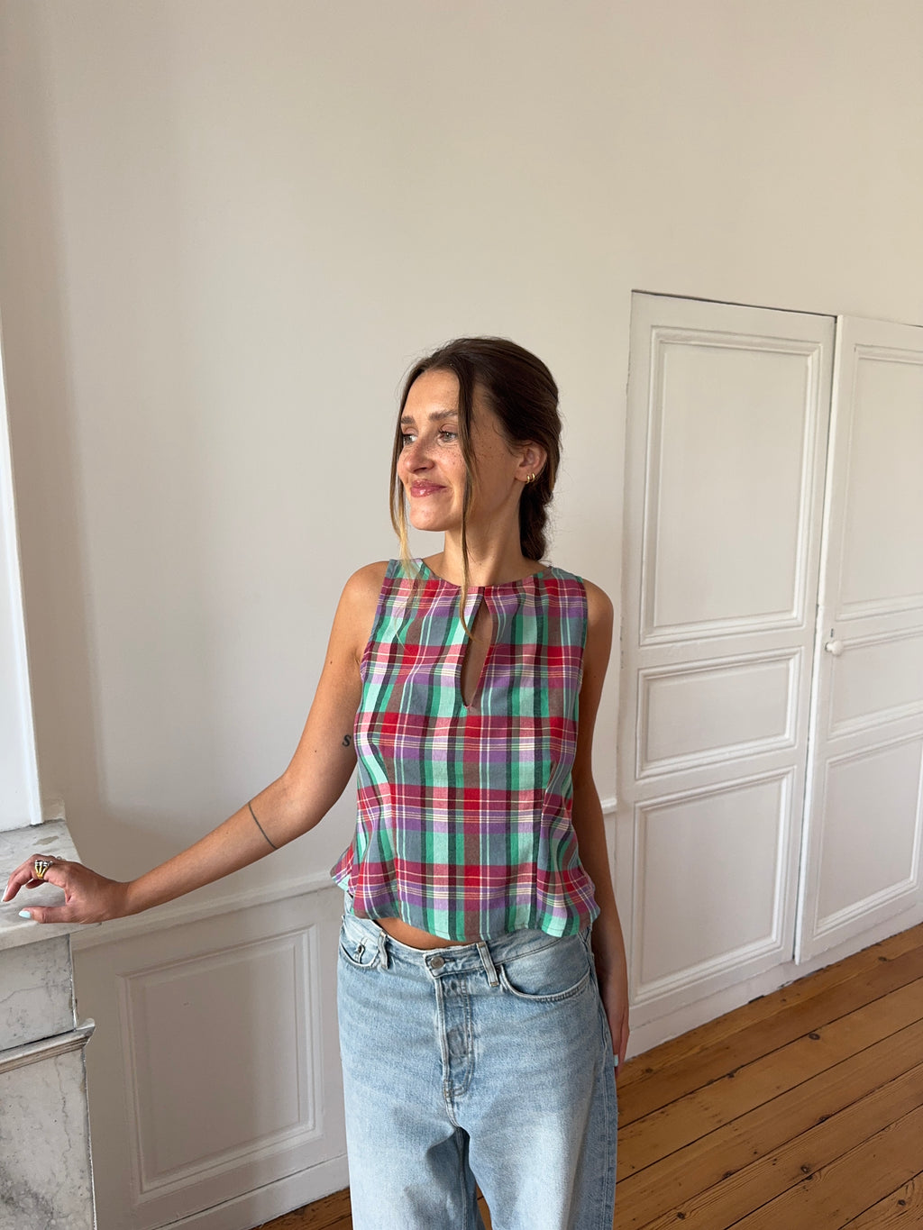 Top dos nu upcyclé à carreaux - M