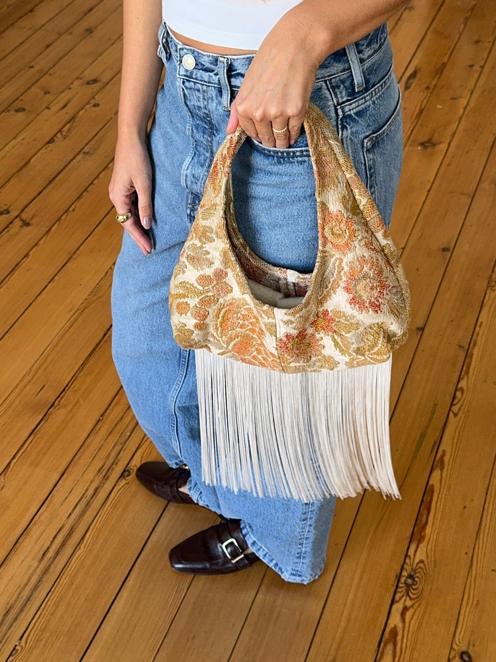 Upcycled floral bag with fringe