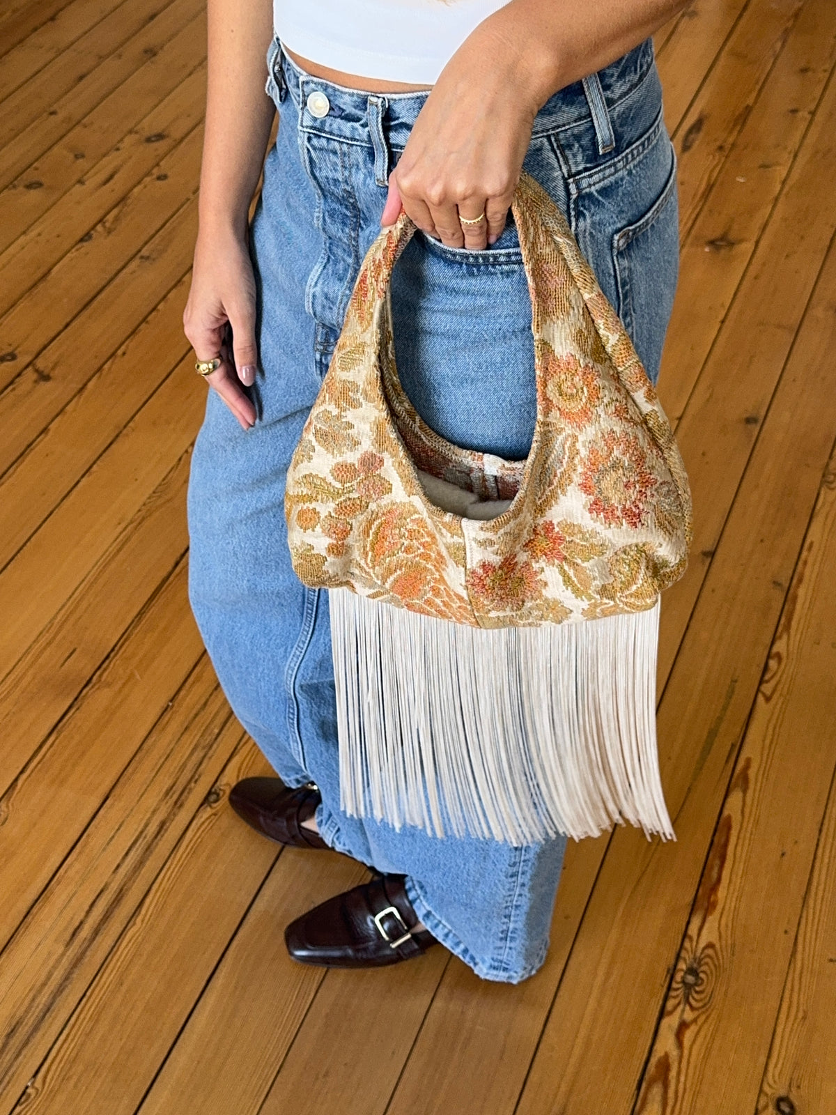 Upcycled floral bag with fringe