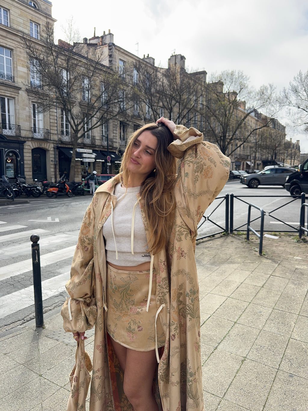 Jupe upcyclée cuivrée à motifs vintage