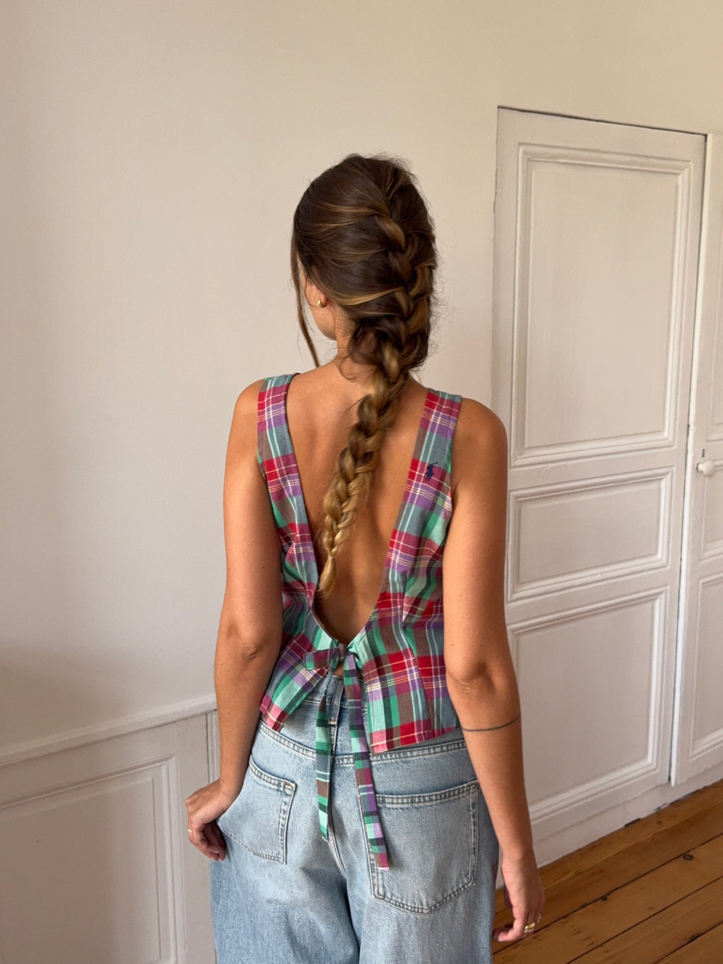 Top dos nu upcyclé à carreaux - M