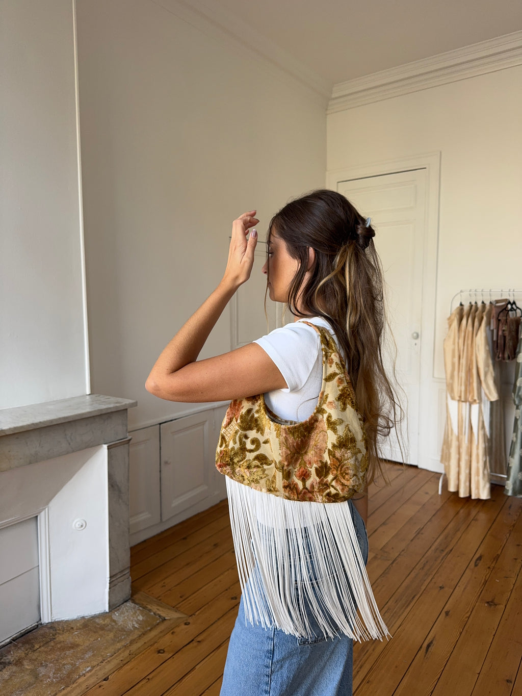 Sac upcyclé à motifs et franges